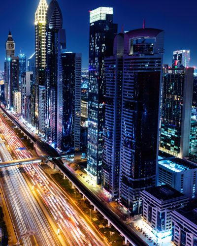 Skyscrapers highrise business buildings in downtown Dubai at night